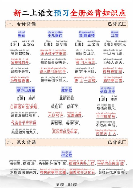 【21页完整版】26秋新二上语文预习全册必背知识点.pdf-八方虚拟货源网