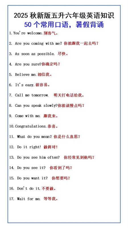 【2025秋新版】五升六年级英语知识 50个常用口语,暑假背诵.docx-八方虚拟货源网