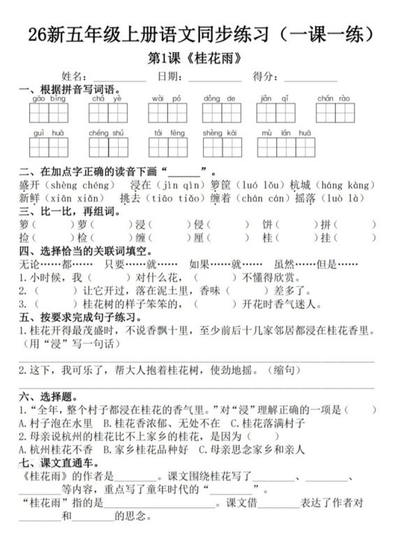 【53页完整版】26秋新五年级上册语文1-8单元一课一练.pdf-八方虚拟货源网