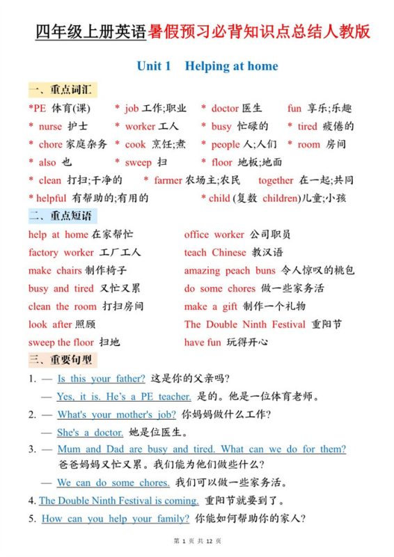 【12页完整版】26秋四年级(上)英语 暑假预习必背知识点总结《PEP版》.pdf-八方虚拟货源网