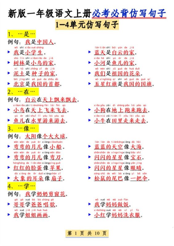 【10页完整版】26秋一年级(上)语文必考必背仿写句子.pdf-八方虚拟货源网