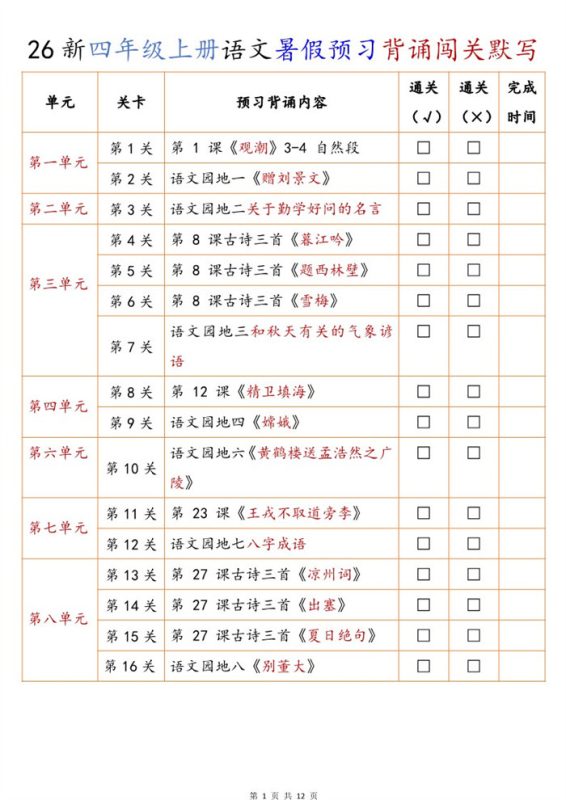 【12页完整版】26秋新四年级上册语文暑假预习背诵闯关默写(默写版).pdf-八方虚拟货源网