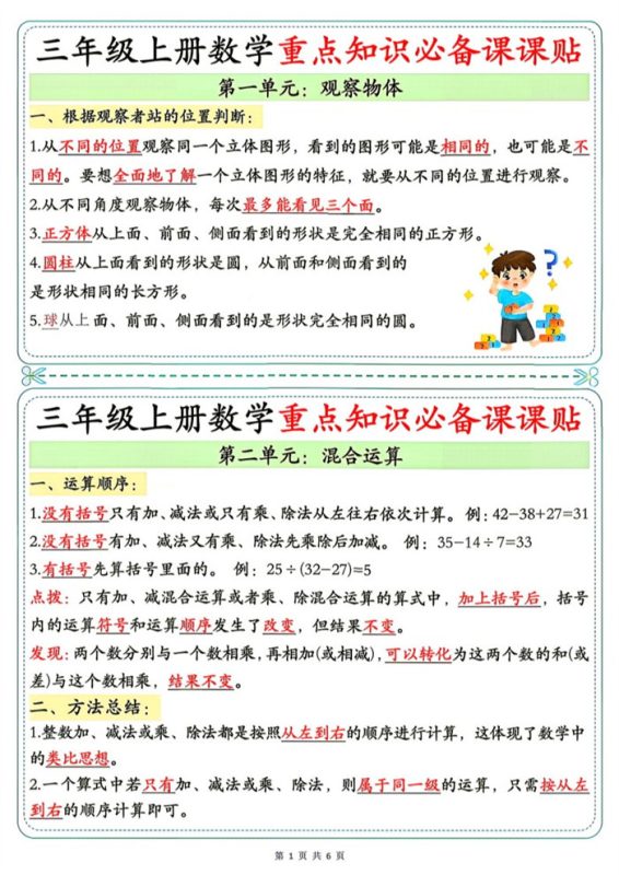 【6页完整版】26秋3年级数学上册《单元重点知识必备课课贴》人教(1).pdf-八方虚拟货源网