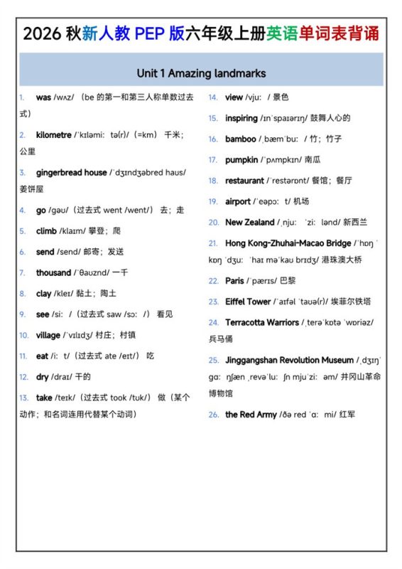 【6页完整版】26秋PEP人教版六年级上册英语单词背诵资料.pdf-八方虚拟货源网